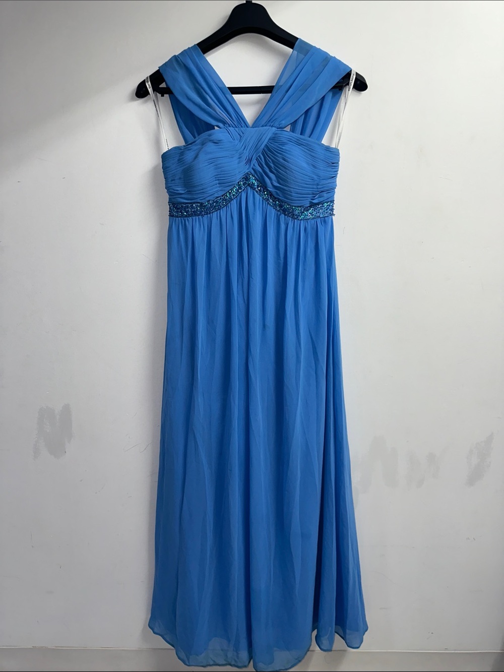 David’s Bridal- Elegant Blue Chiffon Evening Dress with Beaded Waist